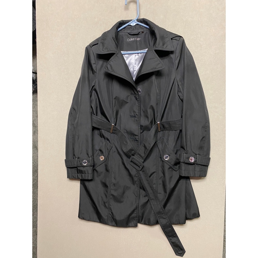 Calvin Klein Womens Black Belted Trench Coat Hooded Rain Jacket Size M RN54163